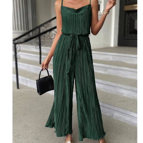BellanBlue Pants - Luxe Dark Green Pleated Belted Wide Leg Cami Jumpsuit